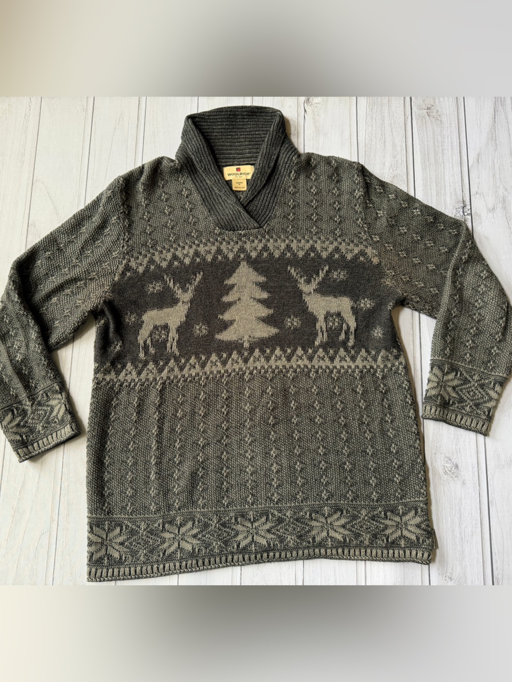 Woolrich charcoal heather gray cotton blend shawl collar fair isle sweater. MED